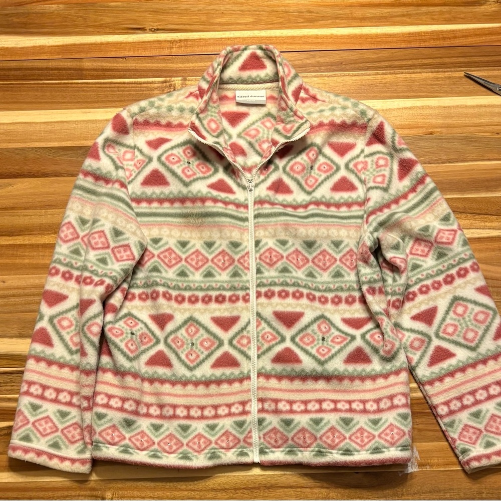 Alfred Dunner Fleece Zip Up Jacket Size Petite Med Geometric Pattern W Sequins